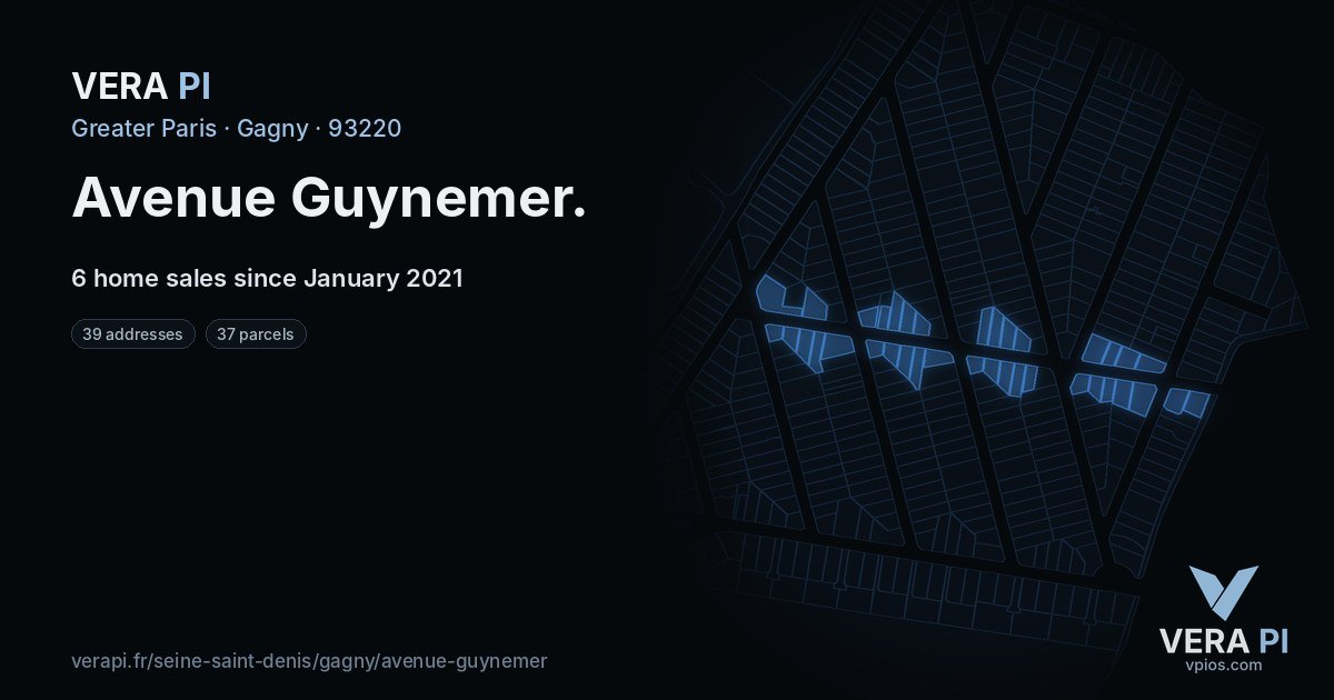 Avenue Guynemer, Gagny at night – every parcel coloured by the prices around it, the street's own parcels lit