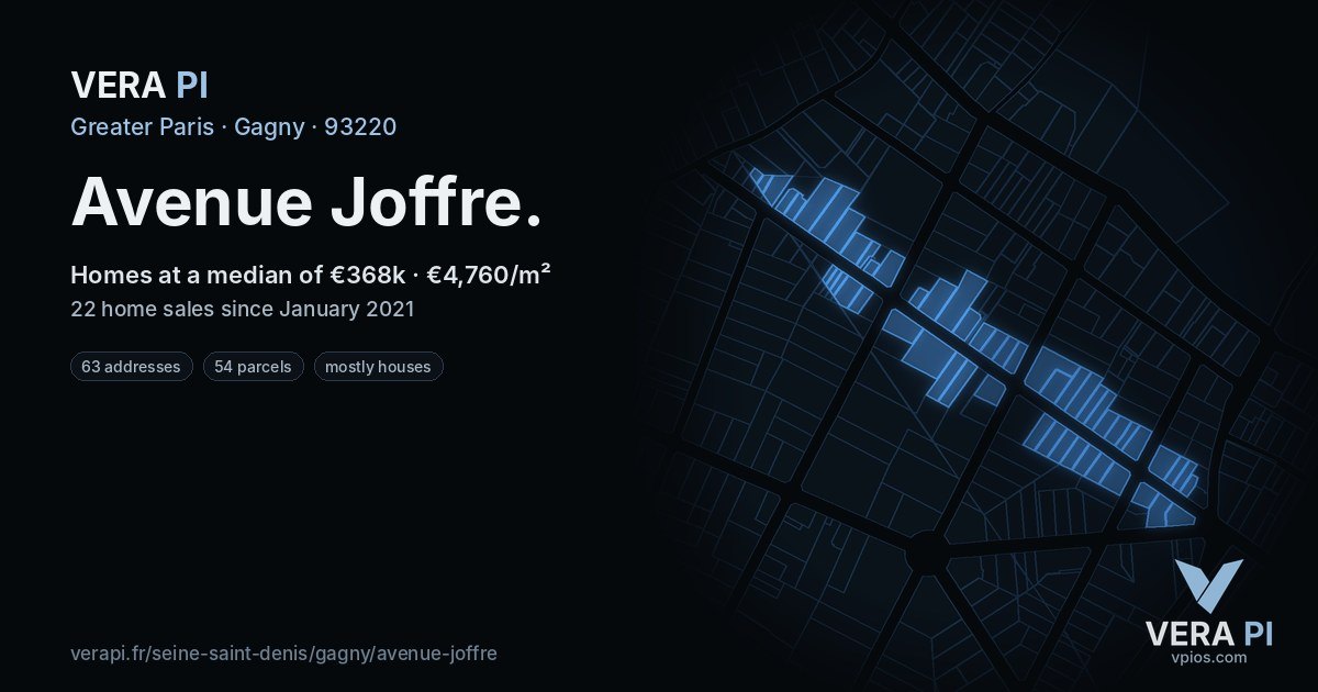 Avenue Joffre, Gagny at night – every parcel coloured by the prices around it, the street's own parcels lit