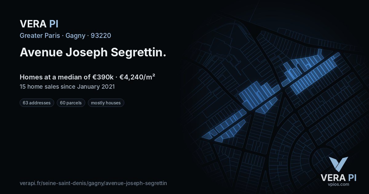 Avenue Joseph Segrettin, Gagny at night – every parcel coloured by the prices around it, the street's own parcels lit