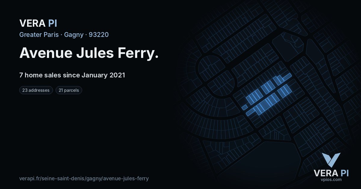 Avenue Jules Ferry, Gagny at night – every parcel coloured by the prices around it, the street's own parcels lit