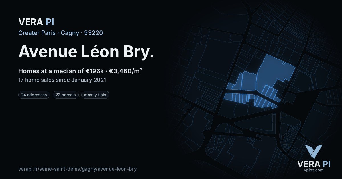 Avenue Léon Bry, Gagny at night – every parcel coloured by the prices around it, the street's own parcels lit
