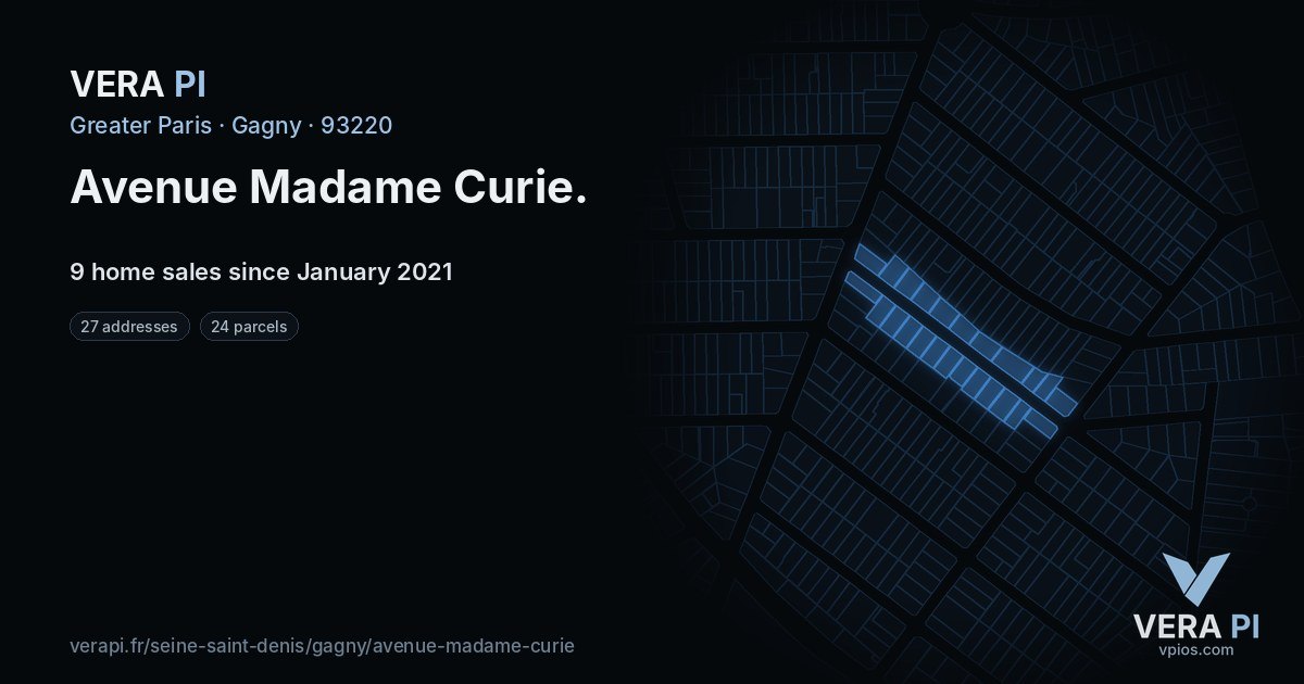 Avenue Madame Curie, Gagny at night – every parcel coloured by the prices around it, the street's own parcels lit