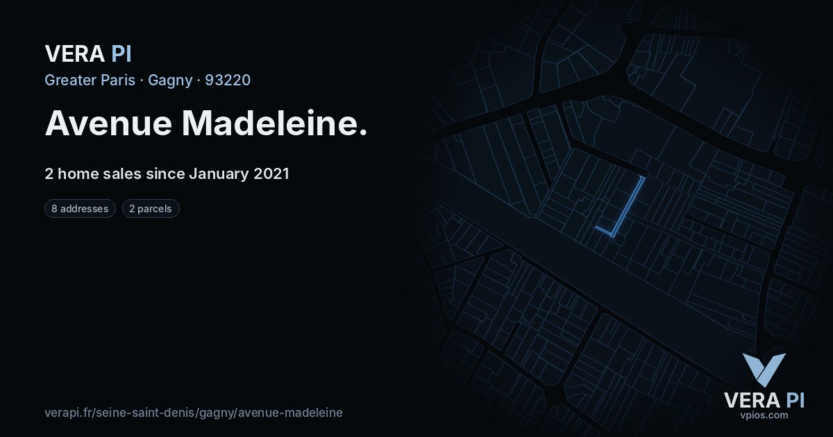 Avenue Madeleine, Gagny at night – every parcel coloured by the prices around it, the street's own parcels lit