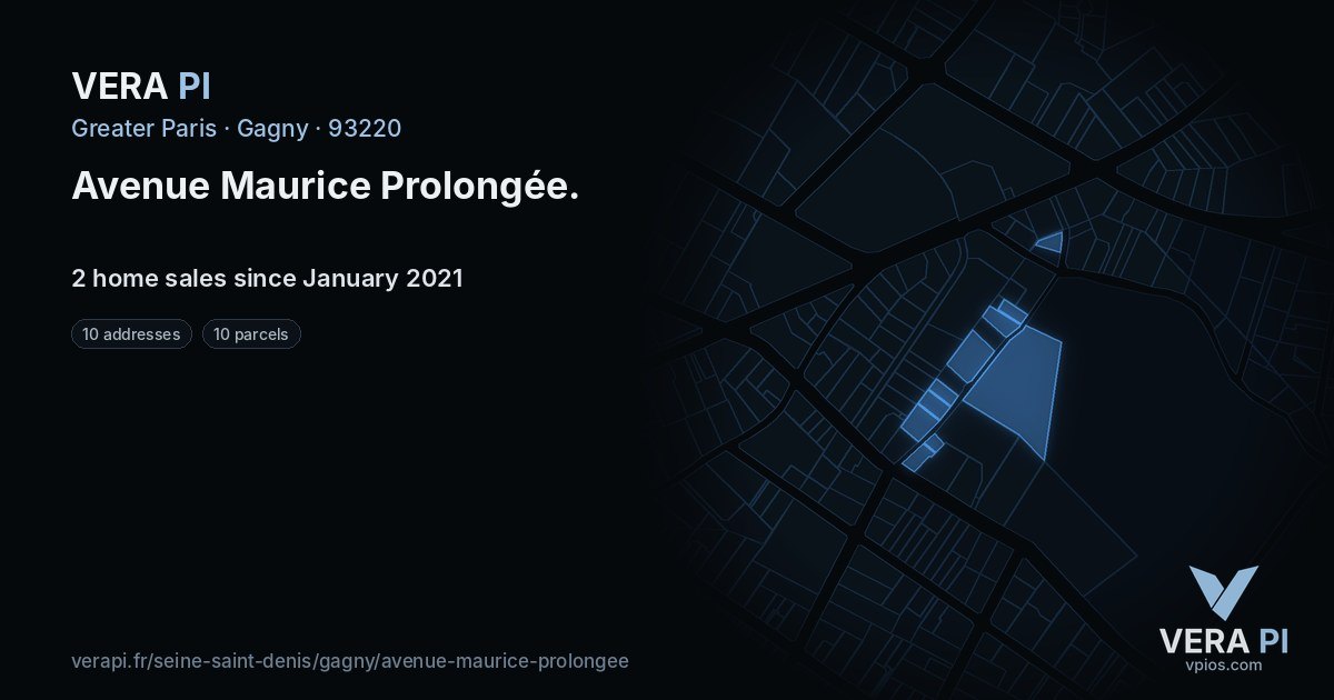 Avenue Maurice Prolongée, Gagny at night – every parcel coloured by the prices around it, the street's own parcels lit