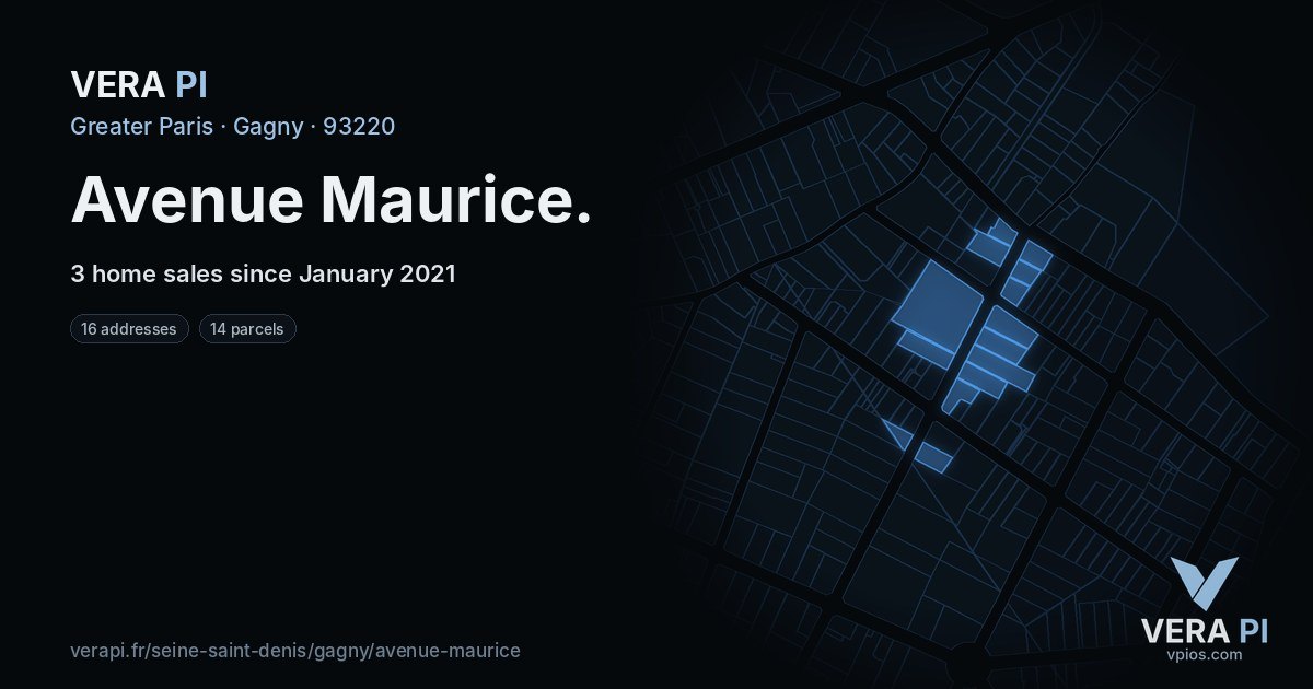 Avenue Maurice, Gagny at night – every parcel coloured by the prices around it, the street's own parcels lit