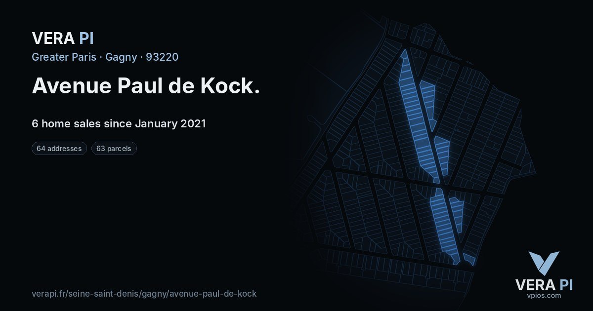 Avenue Paul de Kock, Gagny at night – every parcel coloured by the prices around it, the street's own parcels lit
