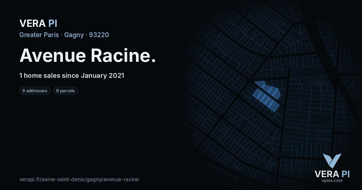 Avenue Racine, Gagny at night – every parcel coloured by the prices around it, the street's own parcels lit