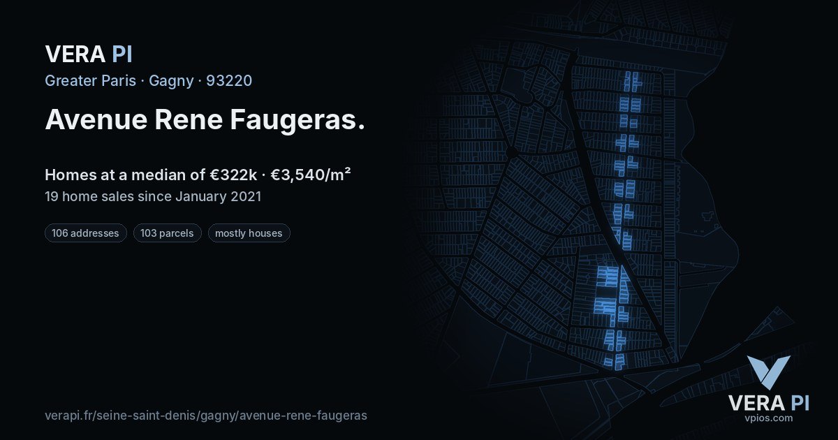 Avenue Rene Faugeras, Gagny at night – every parcel coloured by the prices around it, the street's own parcels lit