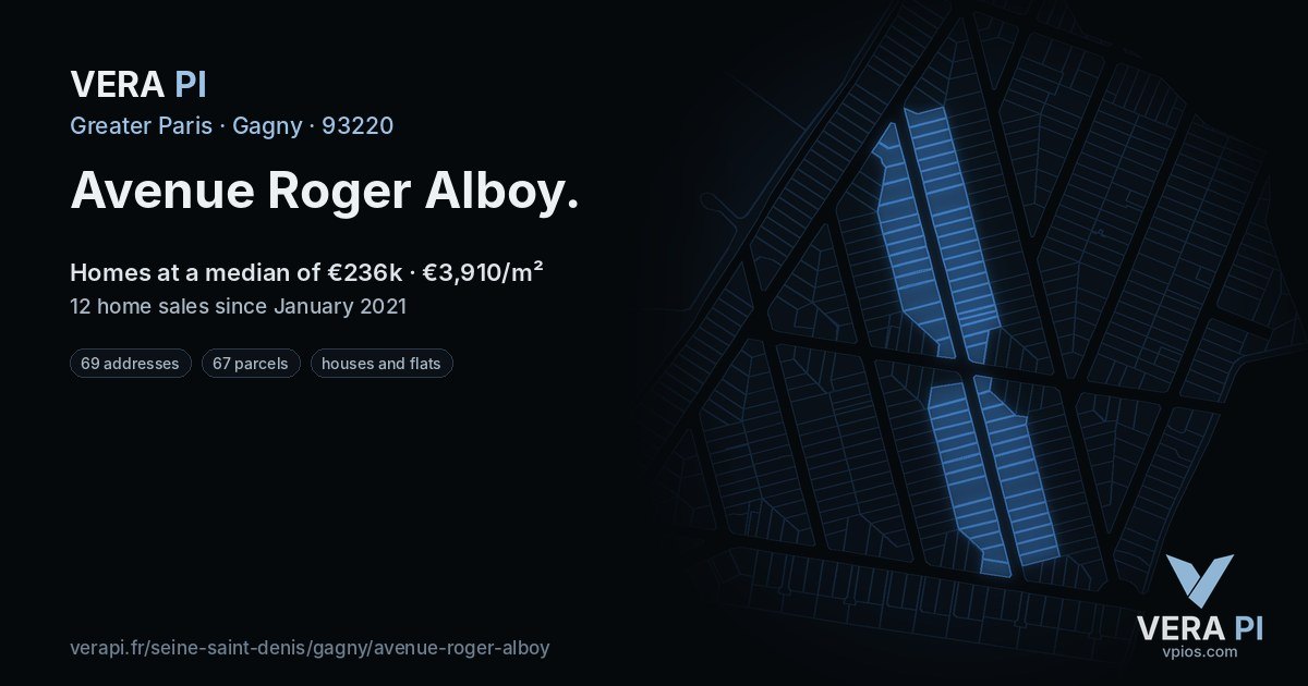 Avenue Roger Alboy, Gagny at night – every parcel coloured by the prices around it, the street's own parcels lit