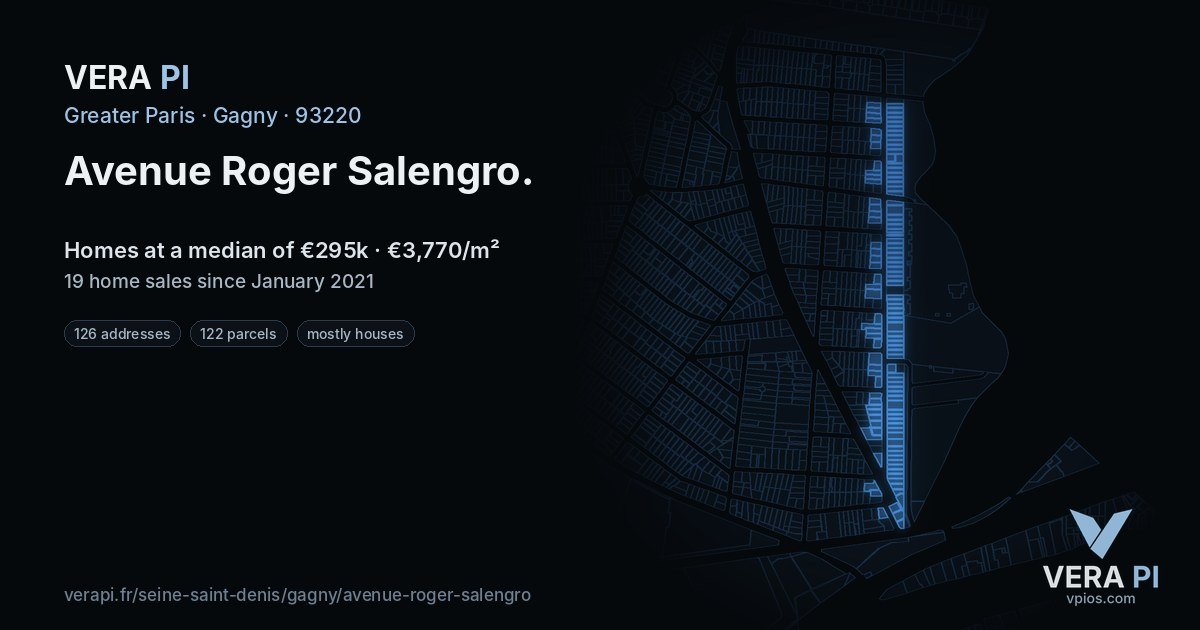 Avenue Roger Salengro, Gagny at night – every parcel coloured by the prices around it, the street's own parcels lit