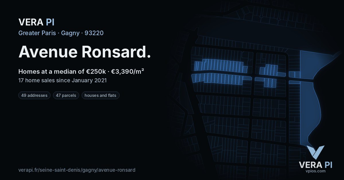 Avenue Ronsard, Gagny at night – every parcel coloured by the prices around it, the street's own parcels lit