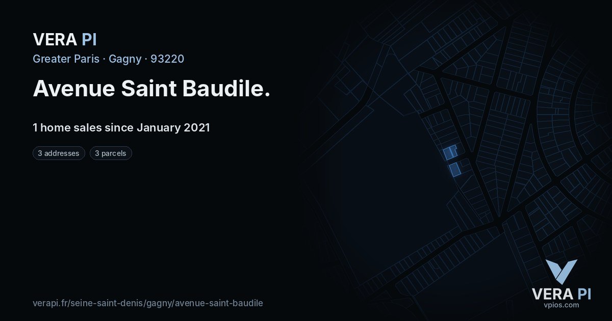 Avenue Saint Baudile, Gagny at night – every parcel coloured by the prices around it, the street's own parcels lit