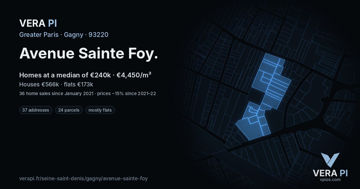 Avenue Sainte Foy, Gagny at night – every parcel coloured by the prices around it, the street's own parcels lit