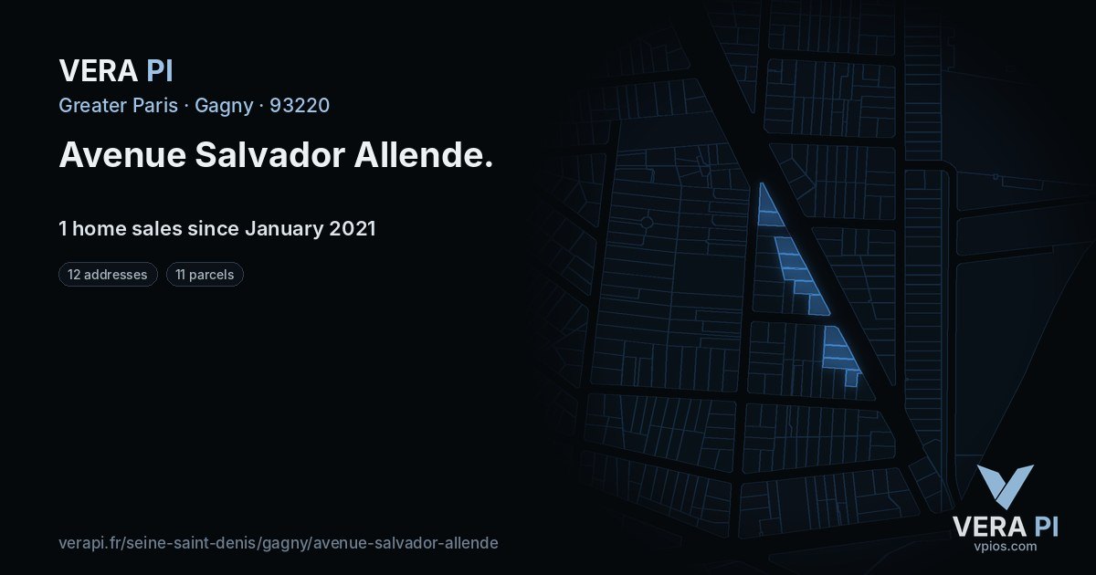 Avenue Salvador Allende, Gagny at night – every parcel coloured by the prices around it, the street's own parcels lit