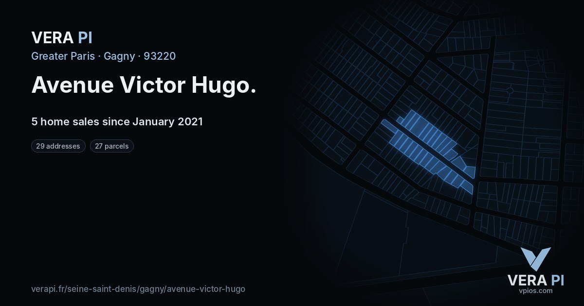 Avenue Victor Hugo, Gagny at night – every parcel coloured by the prices around it, the street's own parcels lit