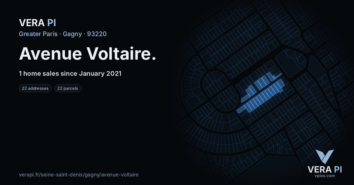 Avenue Voltaire, Gagny at night – every parcel coloured by the prices around it, the street's own parcels lit