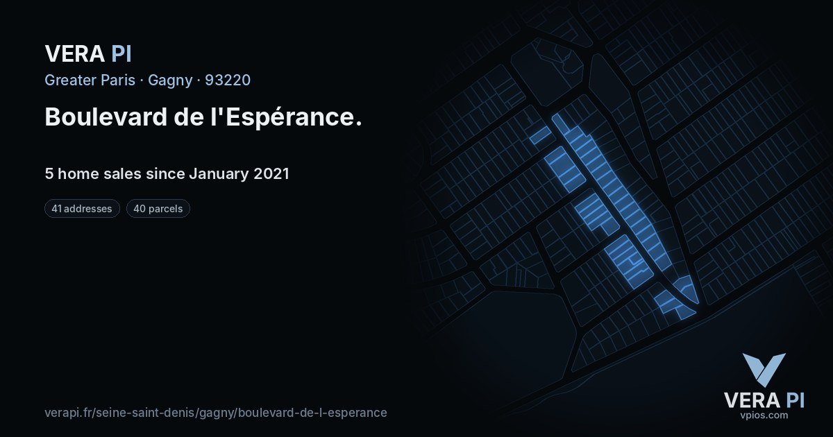 Boulevard de l'Espérance, Gagny at night – every parcel coloured by the prices around it, the street's own parcels lit