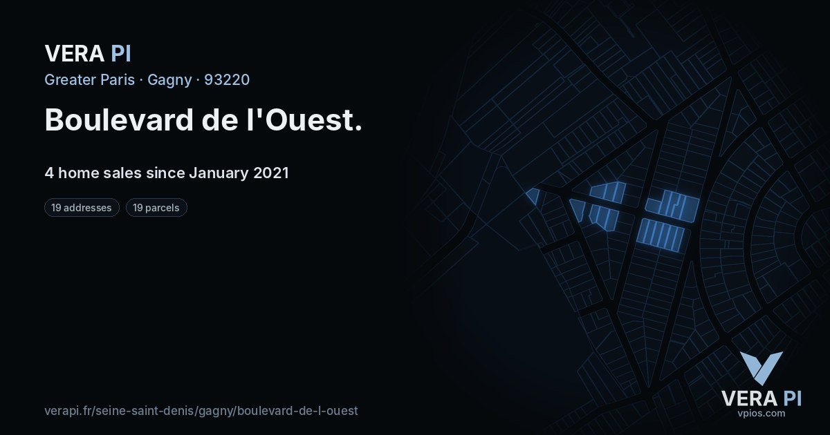 Boulevard de l'Ouest, Gagny at night – every parcel coloured by the prices around it, the street's own parcels lit