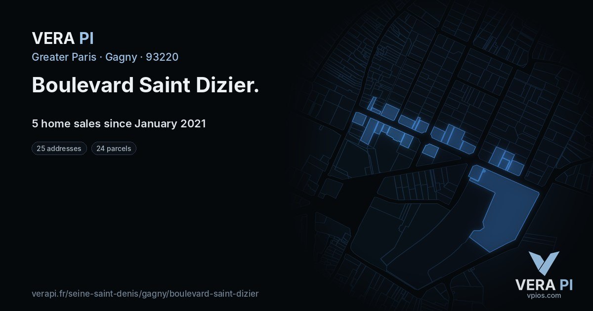 Boulevard Saint Dizier, Gagny at night – every parcel coloured by the prices around it, the street's own parcels lit