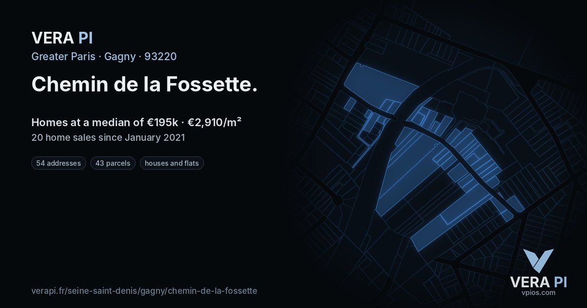 Chemin de la Fossette, Gagny at night – every parcel coloured by the prices around it, the street's own parcels lit
