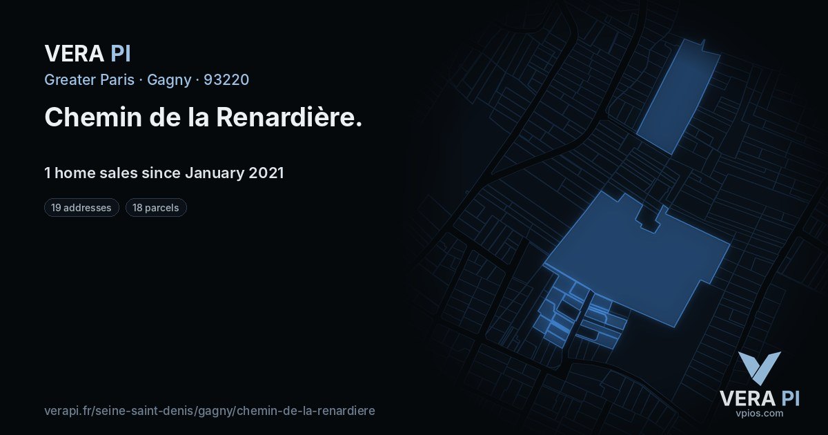 Chemin de la Renardière, Gagny at night – every parcel coloured by the prices around it, the street's own parcels lit