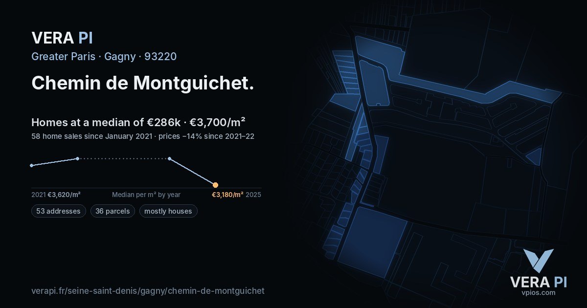 Chemin de Montguichet, Gagny at night – every parcel coloured by the prices around it, the street's own parcels lit