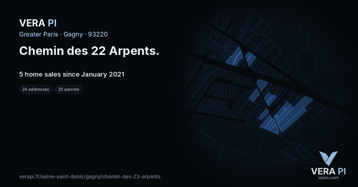 Chemin des 22 Arpents, Gagny at night – every parcel coloured by the prices around it, the street's own parcels lit