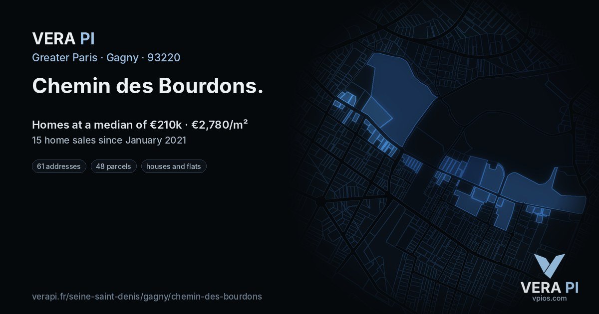 Chemin des Bourdons, Gagny at night – every parcel coloured by the prices around it, the street's own parcels lit