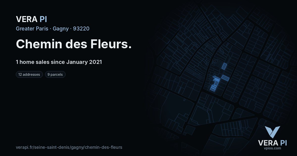 Chemin des Fleurs, Gagny at night – every parcel coloured by the prices around it, the street's own parcels lit