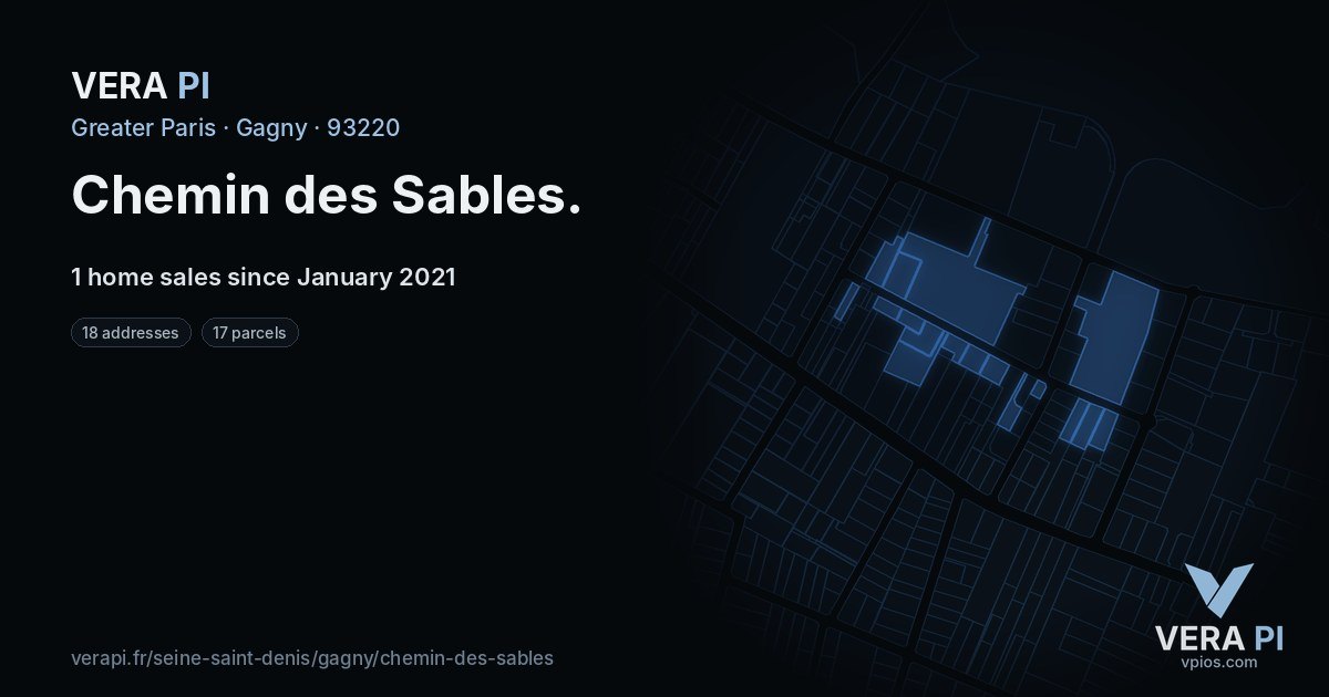 Chemin des Sables, Gagny at night – every parcel coloured by the prices around it, the street's own parcels lit