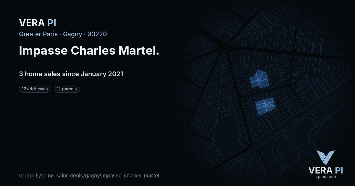 Impasse Charles Martel, Gagny at night – every parcel coloured by the prices around it, the street's own parcels lit