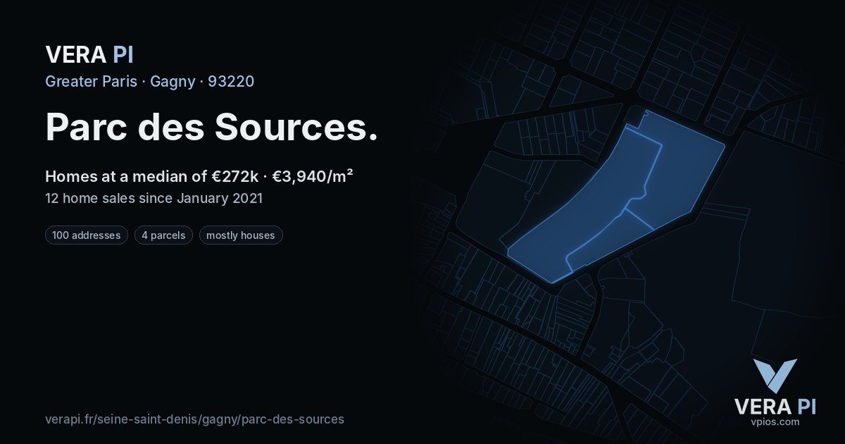 Parc des Sources, Gagny at night – every parcel coloured by the prices around it, the street's own parcels lit