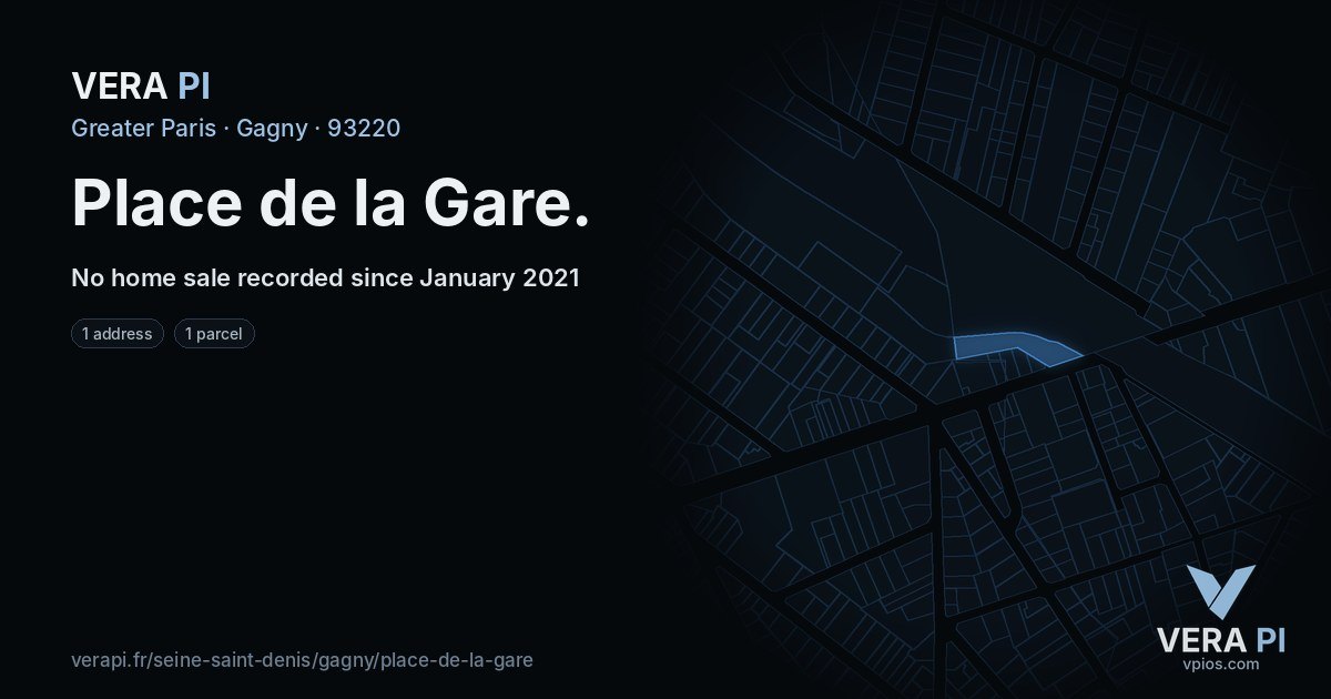 Place de la Gare, Gagny at night – every parcel coloured by the prices around it, the street's own parcels lit
