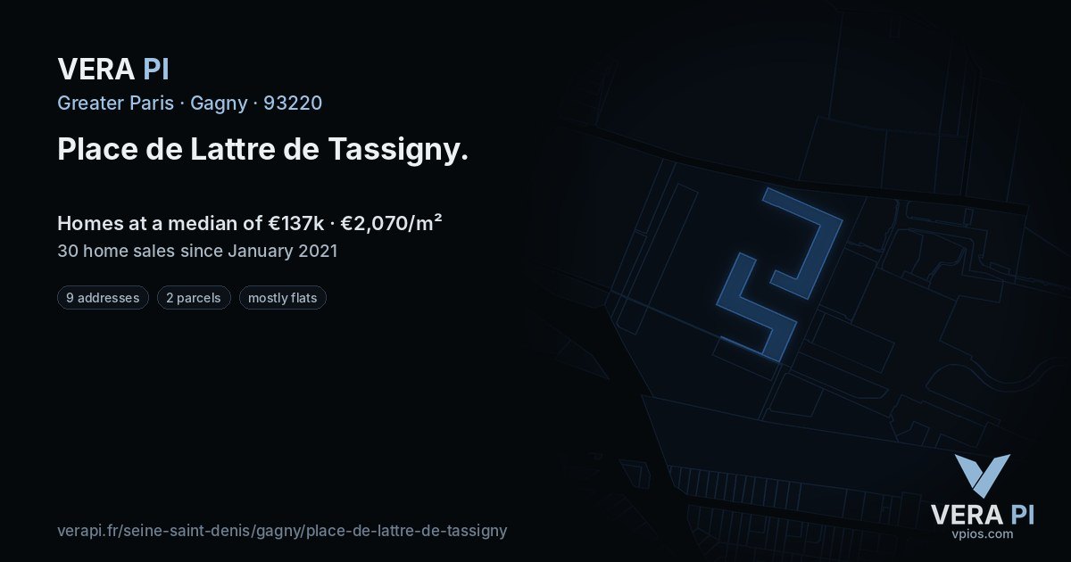 Place de Lattre de Tassigny, Gagny at night – every parcel coloured by the prices around it, the street's own parcels lit