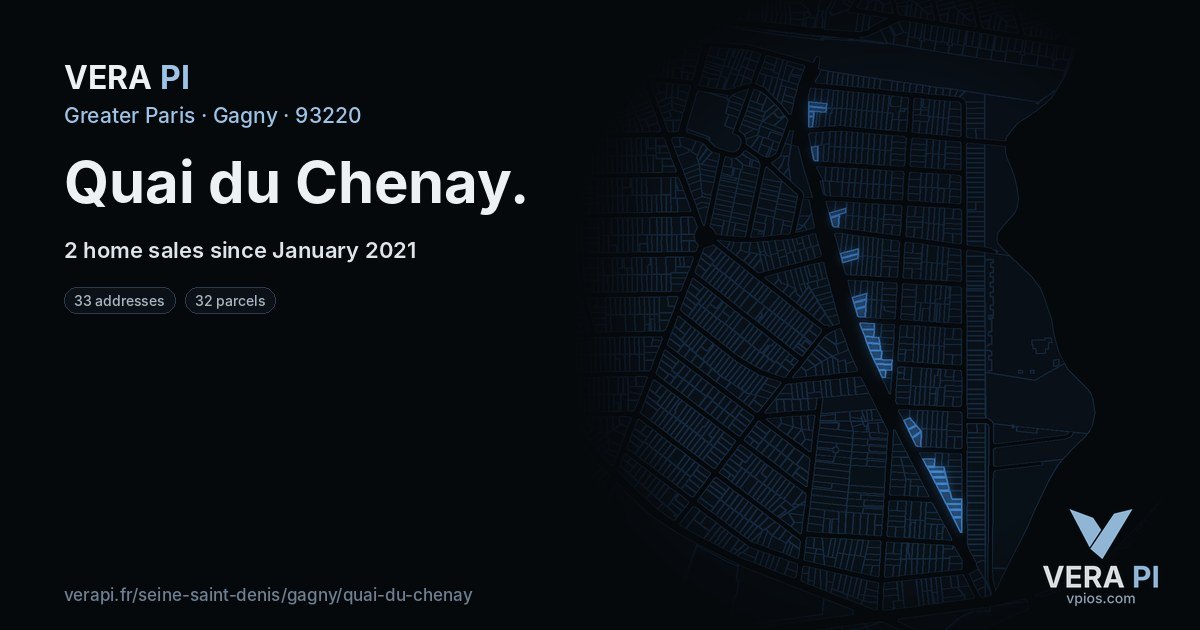 Quai du Chenay, Gagny at night – every parcel coloured by the prices around it, the street's own parcels lit