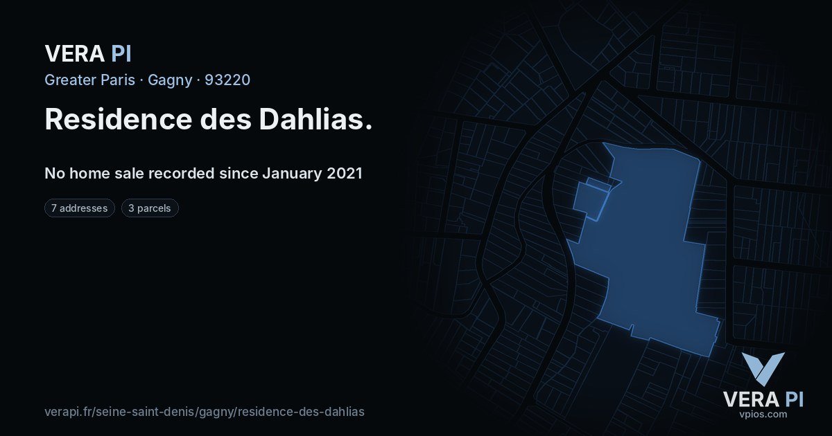 Residence des Dahlias, Gagny at night – every parcel coloured by the prices around it, the street's own parcels lit