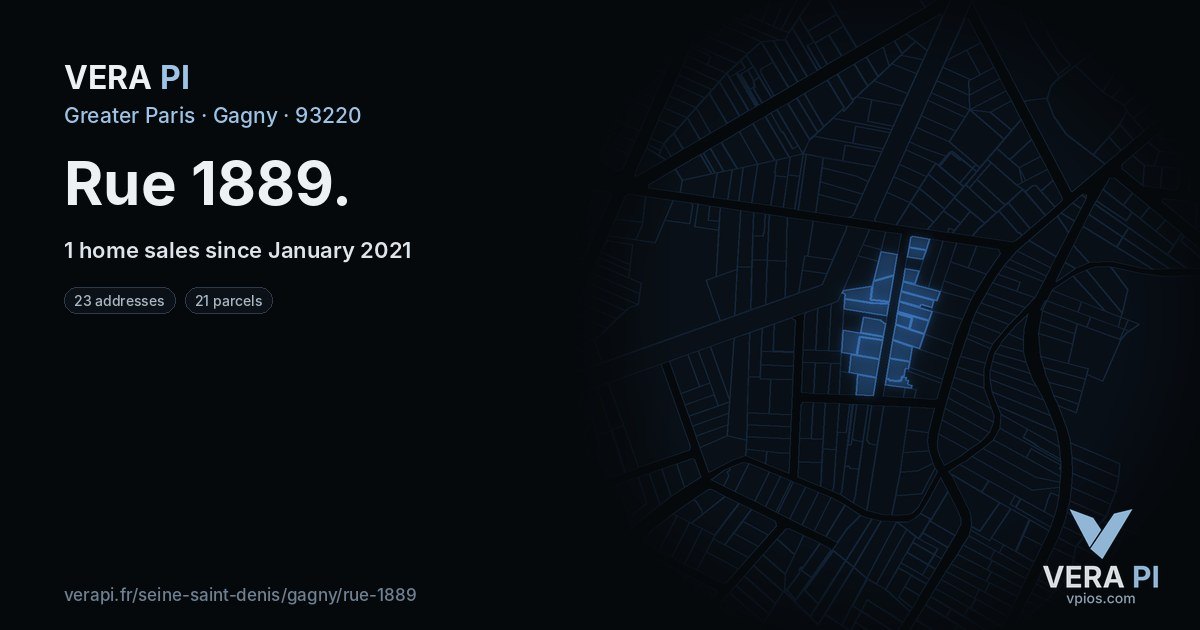 Rue 1889, Gagny at night – every parcel coloured by the prices around it, the street's own parcels lit