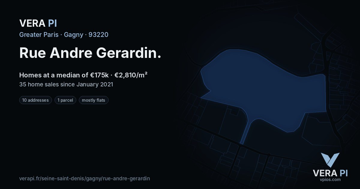 Rue Andre Gerardin, Gagny at night – every parcel coloured by the prices around it, the street's own parcels lit