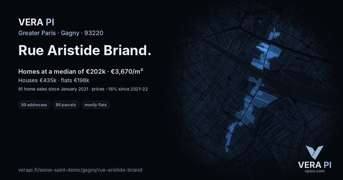 Rue Aristide Briand, Gagny at night – every parcel coloured by the prices around it, the street's own parcels lit