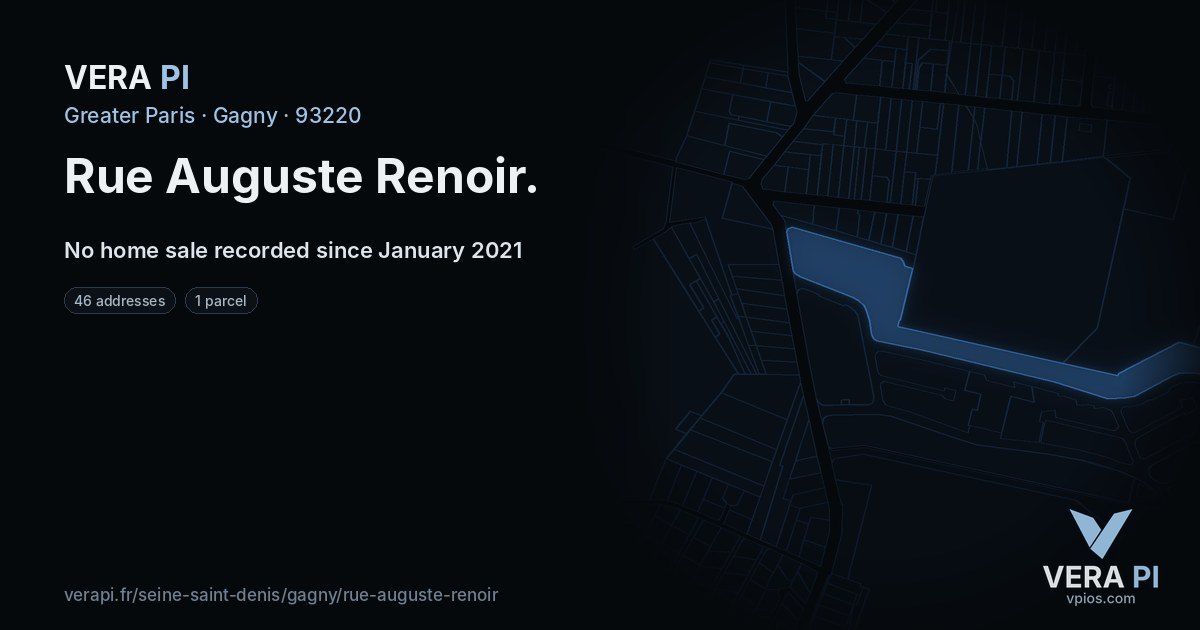 Rue Auguste Renoir, Gagny at night – every parcel coloured by the prices around it, the street's own parcels lit