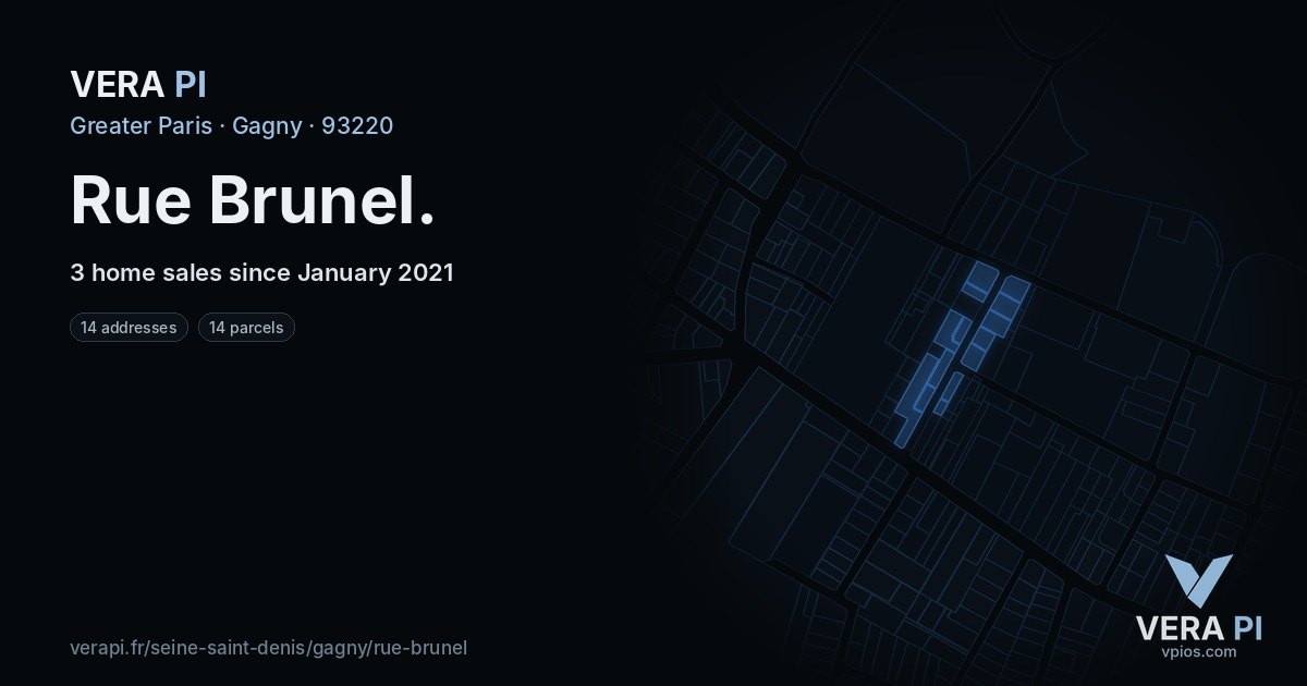 Rue Brunel, Gagny at night – every parcel coloured by the prices around it, the street's own parcels lit