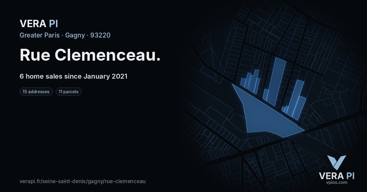Rue Clemenceau, Gagny at night – every parcel coloured by the prices around it, the street's own parcels lit
