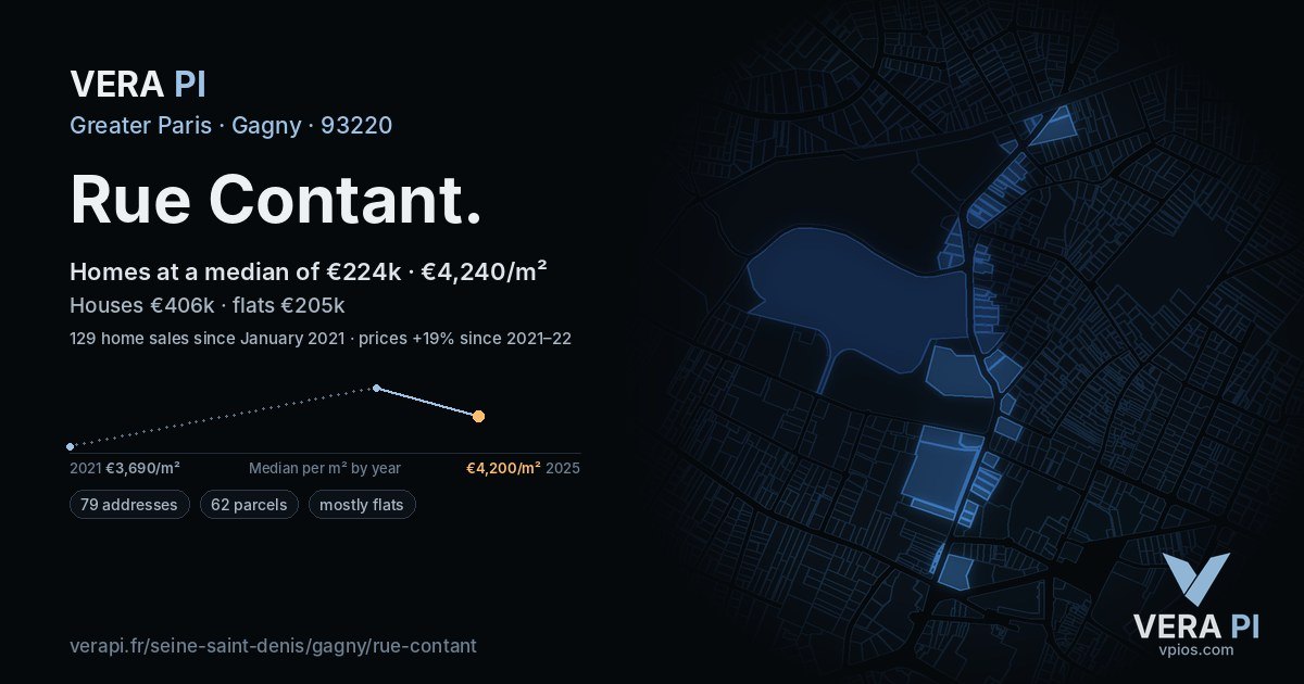 Rue Contant, Gagny at night – every parcel coloured by the prices around it, the street's own parcels lit
