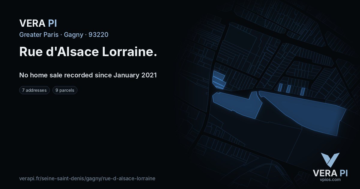 Rue d'Alsace Lorraine, Gagny at night – every parcel coloured by the prices around it, the street's own parcels lit