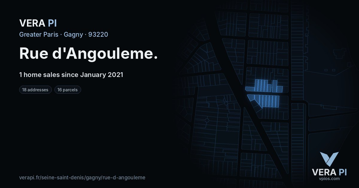 Rue d'Angouleme, Gagny at night – every parcel coloured by the prices around it, the street's own parcels lit