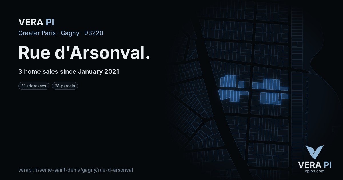 Rue d'Arsonval, Gagny at night – every parcel coloured by the prices around it, the street's own parcels lit