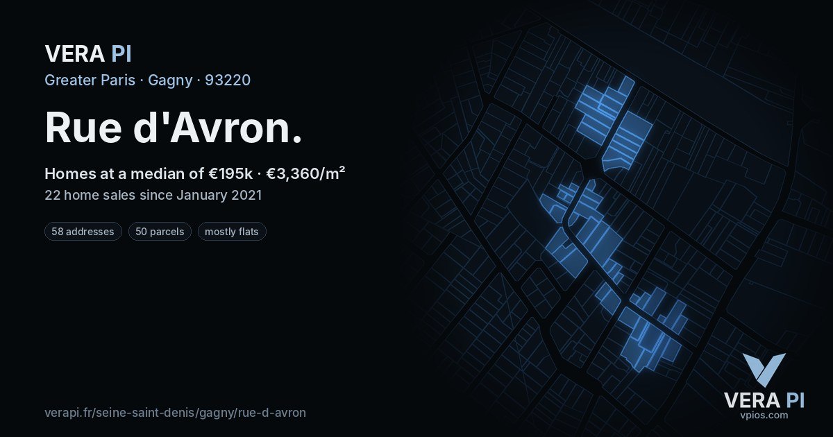 Rue d'Avron, Gagny at night – every parcel coloured by the prices around it, the street's own parcels lit