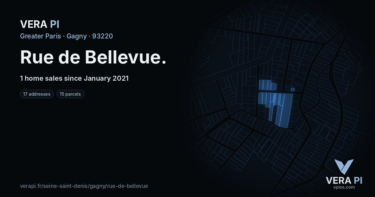 Rue de Bellevue, Gagny at night – every parcel coloured by the prices around it, the street's own parcels lit