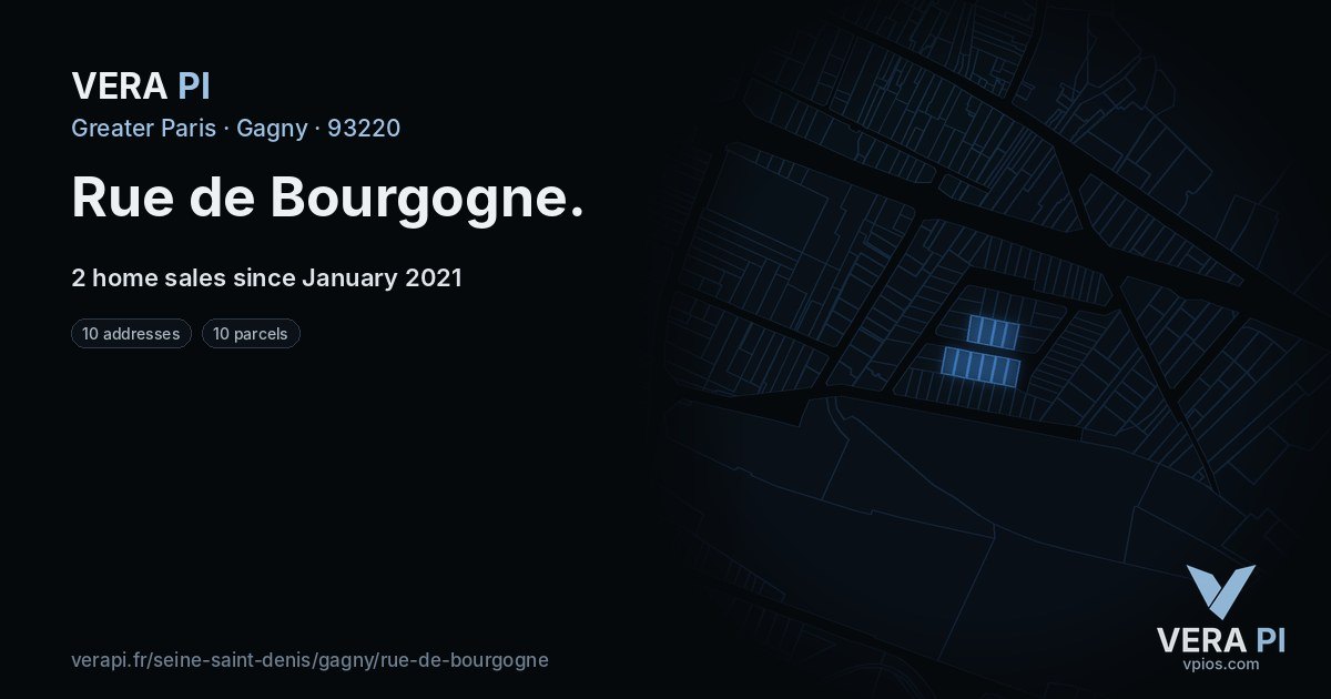Rue de Bourgogne, Gagny at night – every parcel coloured by the prices around it, the street's own parcels lit