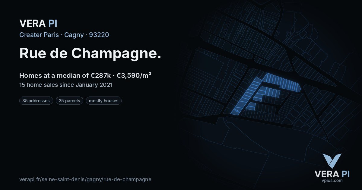 Rue de Champagne, Gagny at night – every parcel coloured by the prices around it, the street's own parcels lit